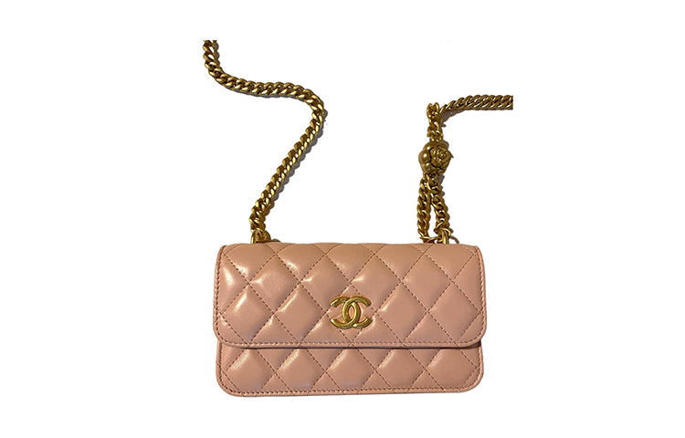 CHANEL Lambskin One Shoulder Crossbody Cell Phone Pouch Small Size Women's Pink