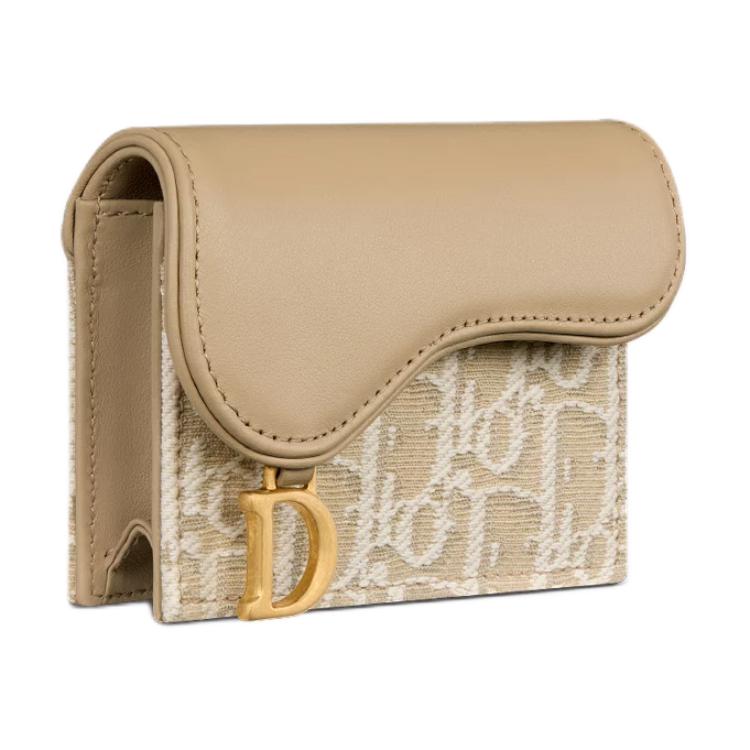 DIOR Cotton With Cow Leather Patchwork Card Holder Women's Natural