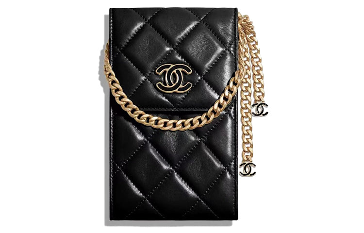 CHANEL Sheepskin Cell Phone Pouch Unisex Black