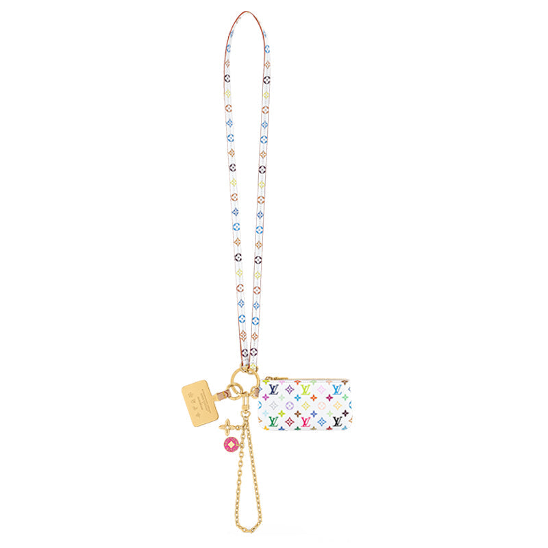 LOUIS VUITTON Takashi Murakami Village Co-Financing Leather Trim Phone Case With Chain Zero Wallet Women's White