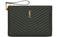 SAINT LAURENT Leather Tablet Clutch Women's Dark Green
