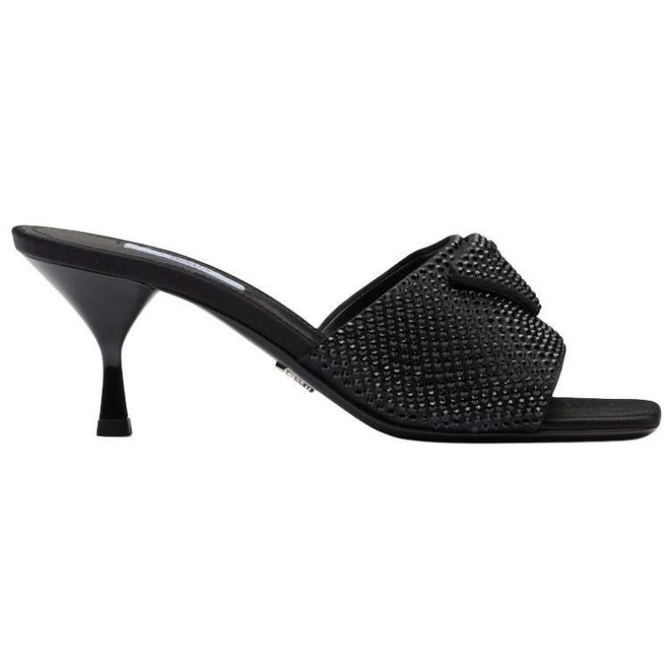 PRADA 65mm Heeled Sandals Black Crystal Satin Women's