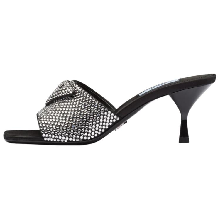 PRADA 65mm Crystal Heeled Sandals Black Satin Women's