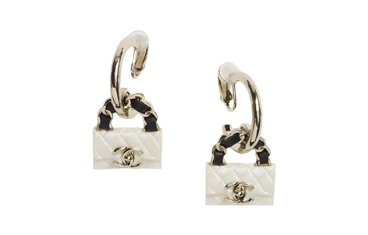 CHANEL Resin Metal Leather Earrings Women's