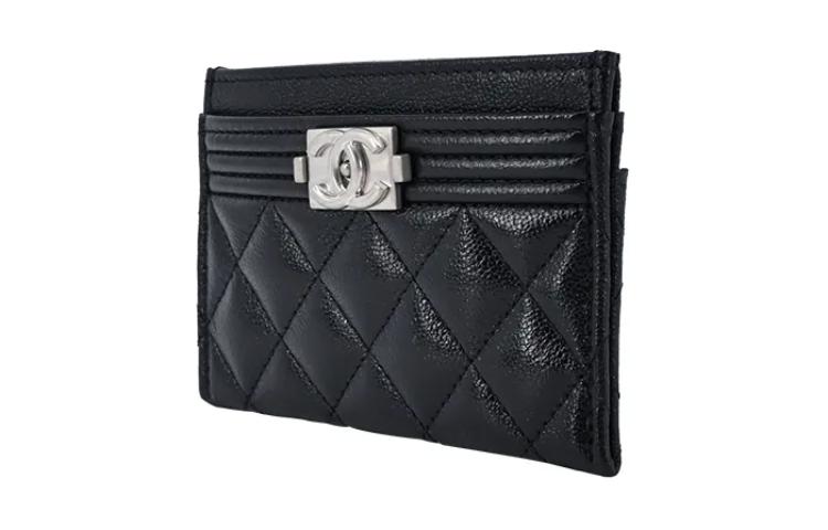 CHANEL Litchi Grain Calfskin Card Holder Women's Black