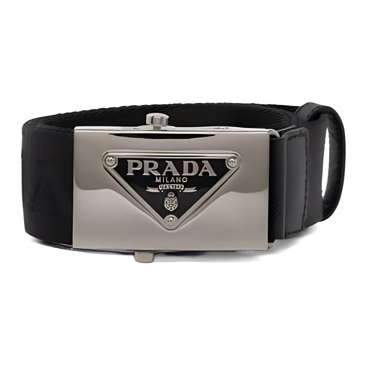 PRADA Badge Design Leather Leather Belts Men's Black Width 3.5CM