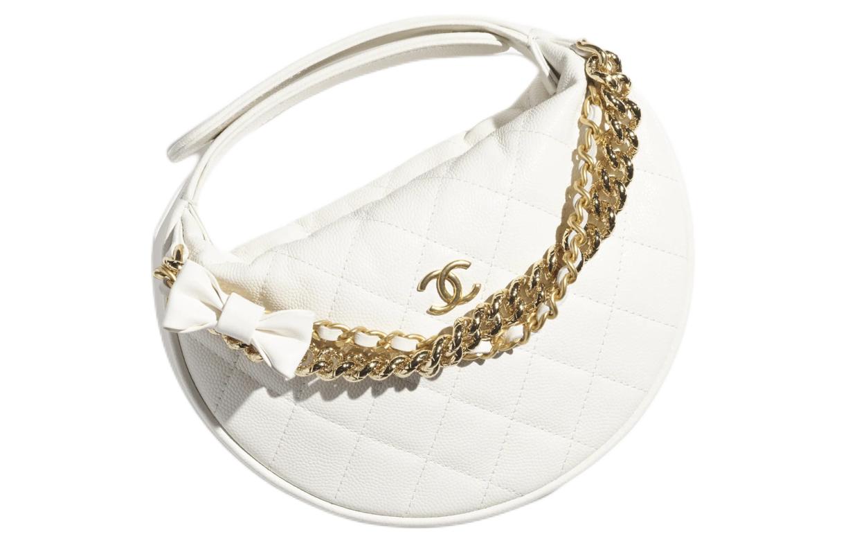 CHANEL Shiny Grain Calfskin Crescent Bag Handbag Women's White