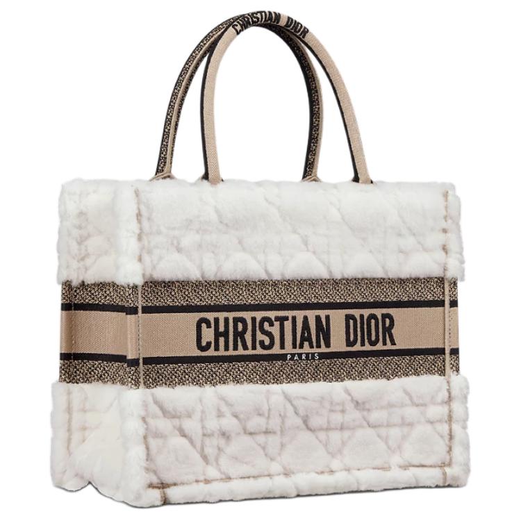 DIOR BookTote Lambskin With Shearling Tote Bag, Shopping Bag, Handbag Medium Size Women's Ecru