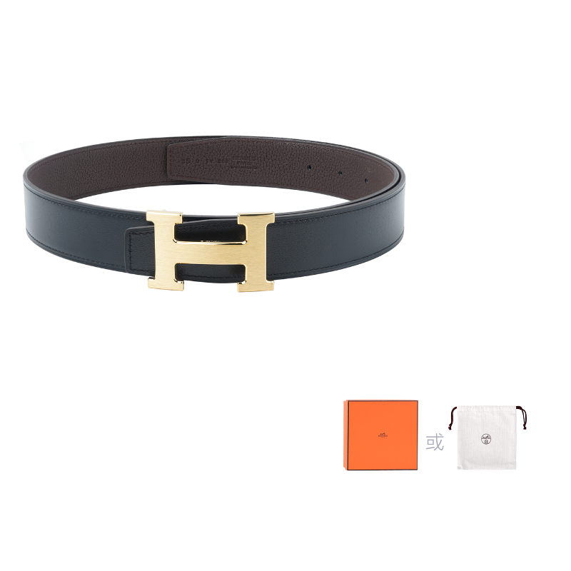 HERMES Togo Calfskin Double-Sided Leather Belts Unisex Black/Chocolate Width 3.2cm