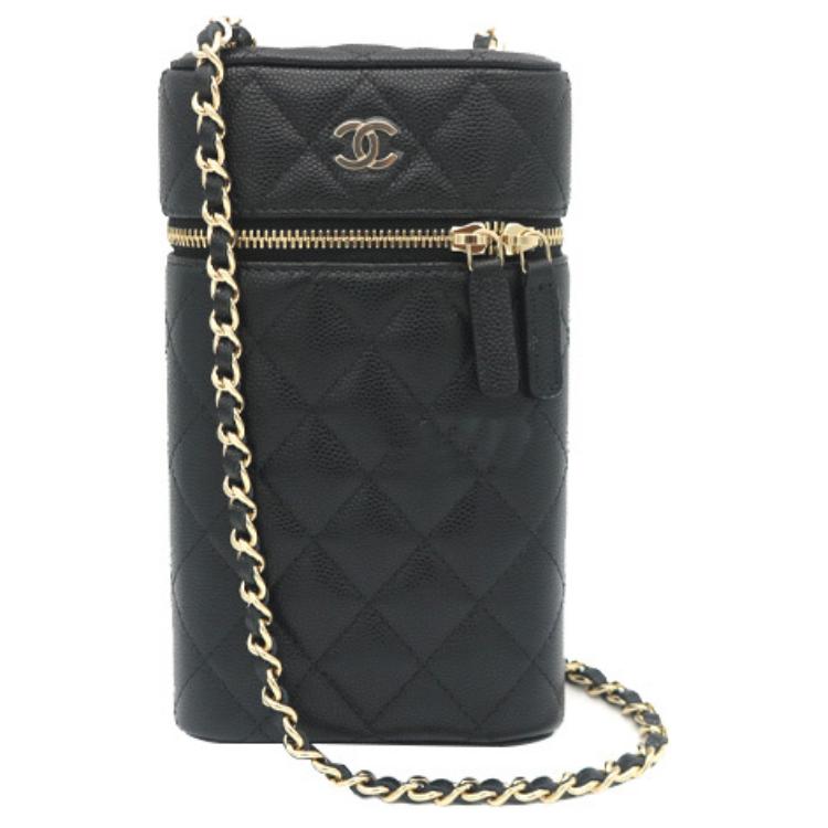 CHANEL Litchi Cow Leather One Shoulder Crossbody Cell Phone Pouch Women's Black