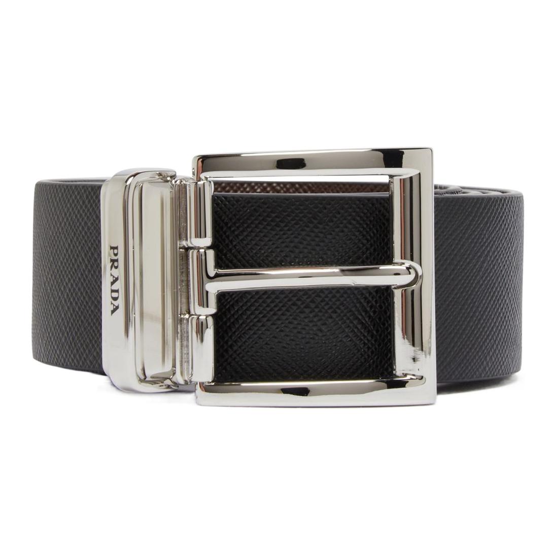 PRADA Badge Design Leather Leather Belts Men's Black Width 3.3CM
