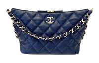 CHANEL Litchi Grain Cow Leather Handbag, Shoulder Bag Large Size Women's Marine Blue
