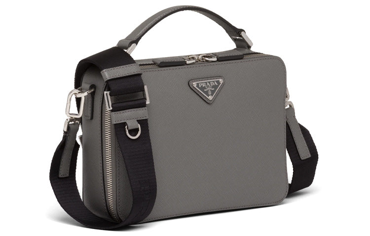 PRADA BriqueSaffiano Leather Handbag, Shoulder Bag, Crossbody Bag Men's Marble Gray