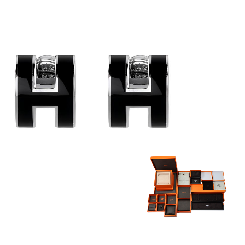 HERMES Alloy Stud Earrings Women's Black Silver Trim