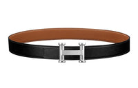 HERMES Agora Silver Buckle Togo Calfskin Double-Sided Leather Belt Unisex Black Width: 3.2cm