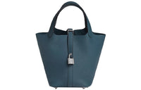 HERMES Picotin Clemence Bullock Leather Basket Bag Handbag Bucket Bag Regular Women's 7P Bleu De Prusse Prussian Blue