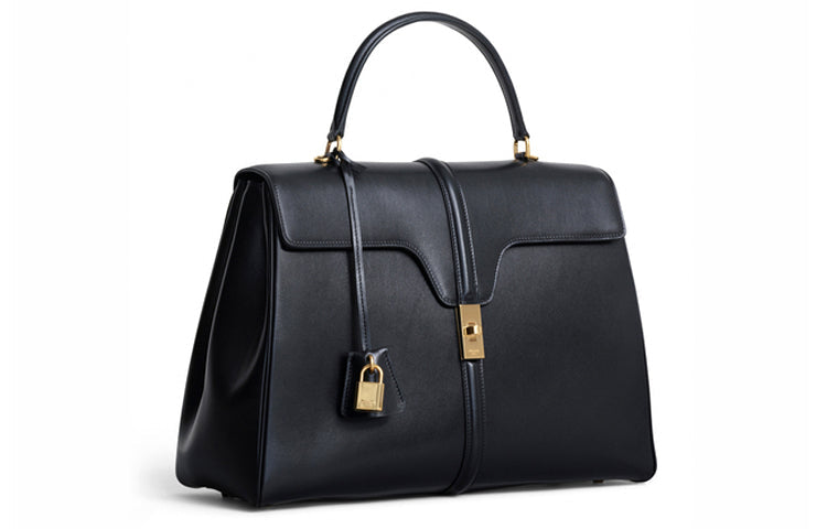 CELINE 16 Cow Leather Handbag Large Size Women's Black