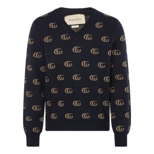 Gucci Double G Jacquard Wool V-Neck Sweater 'Navy' 645292-XKBPF-4804