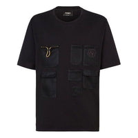 Men's FENDI FW21 Mesh Pocket Cotton Short Sleeve Black T-Shirt FY0936AGAIF0QA1